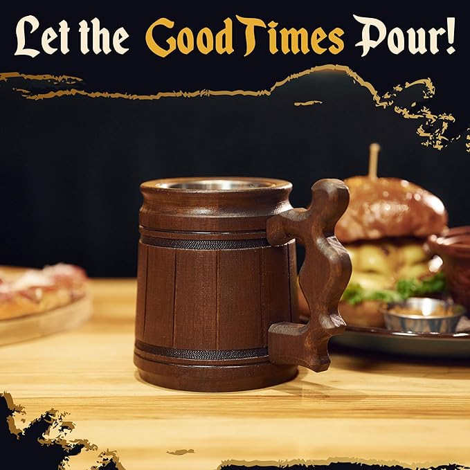 MFC Beer Mug 10 OZ - Coffee Mug - Beer stein - Wooden beer mug - Stainless Steel Cup - Handmade Gifts for Men - Fathers Day, Christmas or Birthday Gift Idea - Men Mug - Classic Brown