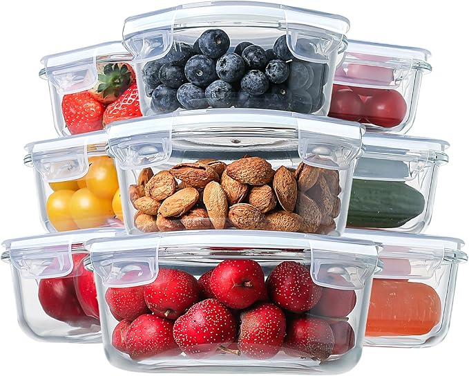 HOMBERKING Glass Food Storage Containers with Lids, [18 Piece] Meal Prep Containers, Airtight Lunch Bento Boxes (9 lids & 9 Containers) - White
