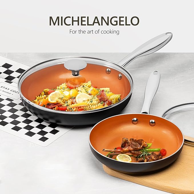 MICHELANGELO Copper Frying Pan Set with Lid, 8" & 10" Nonstick Skillets with Lids, Non Stick Frying Pans Set, Ceramic Non Toxic Fry Pans, Induction Compatible