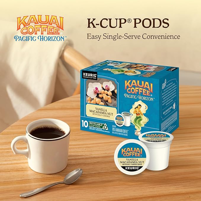 Kauai Coffee K-Cup Pods for Keurig Brewers – Arabica Coffee, 10% Hawaiian – Medium Roast, Vanilla Beans with Toasted Macabamia Nuts – Vanilla Macadamia Nut, 2 Pack of 10 Single Serve K-Cups