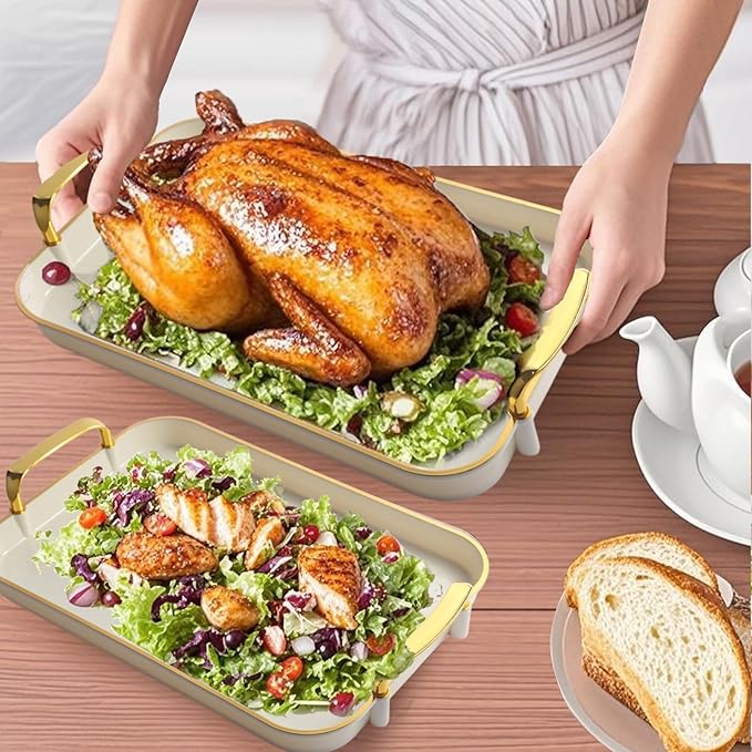 Serving Tray with Handles Set of 3 Rectangular Large Serving Platters 16.5/14.9/13.2 Inch White Plates for Dinner, Party, Entertaining, Cream Gold