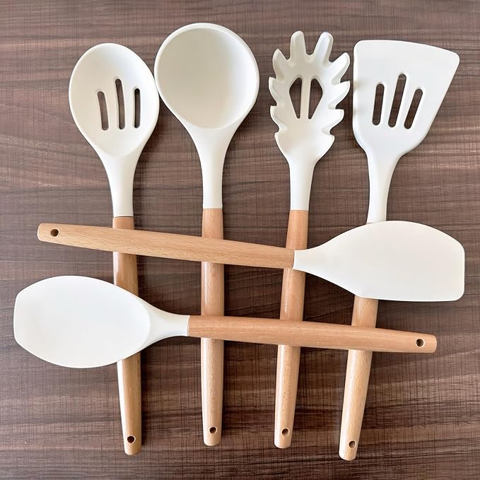 Kitchen Cooking Utensils Set 6Pcs Non-Stick Silicone Kitchen Utensils Spatula Spoon Turner Ladle Pasta Server, Heat Resistant Wooden Handle Silicone Cooking Gadgets Sets for Cookware & Baking