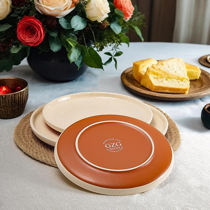 GZG Ceramic Dinner Salad Plates Set of 4, 8 Inch Speckled Dinnerware Dessert Plates with Clay-Tone Base, Microwave Oven Dishwasher Safe