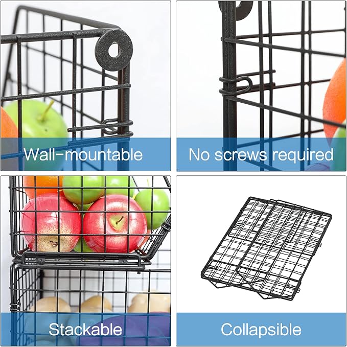 X-cosrack 3-Tier Stackable Wire Baskets for Pantry Organization and Storage, Kitchen Counter Basket for Potato Onion Storage, Fruit and Vegetable Storage Basket, Metal Baskets for Snack Produce Cans