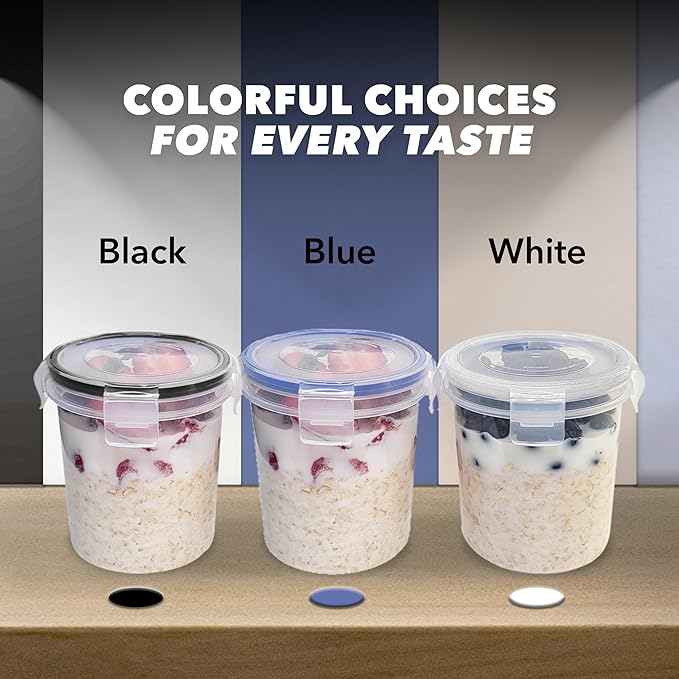 Overnight Oats Container with Lids (4-Piece set) - 16 oz Plastic Containers with Lids - Oatmeal Container to go | Portable Cereal and Milk Container on the go | Airtight Snap Lock Storage Jars