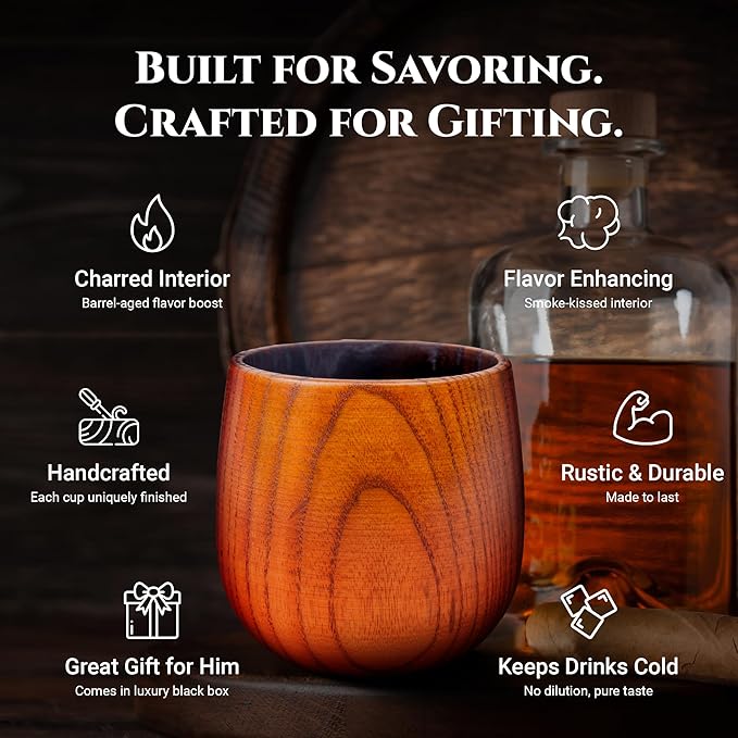 Premium Charred Wooden Whiskey Bourbon Drinking Glasses | Whisky Gifts for Men, Dad, or Brother | Handcrafted Old Fashioned Glasses Tumblers with 6 Stainless Steel Ice Cubes and Tongs | Set of 2