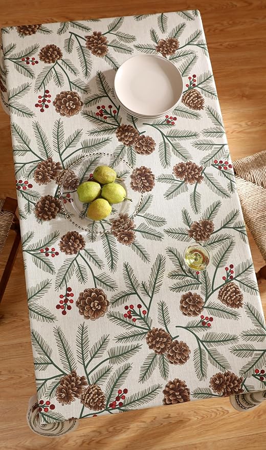 ISAENNE Designer Christmas Beige Linen Rectangular Tablecloth,Pinecones Pattern Indoor Tablecloths,Washable Decor Table Cloth for Dining Thanksgiving Kitchen Christmas,55"*87"-Carol B