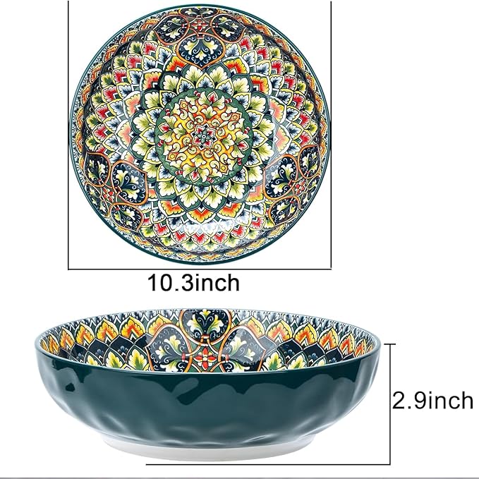 Large Serving Bowls, 75 Oz Fruit Salad Bowls Set of 2, Bohemian Style Large Porcelain Dishes for Entertaining Parties,Big Bowls for Salad, Pasta, Fruit, Chips, 10.3 Inch Diameter (green.green)