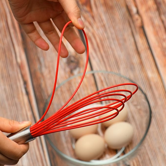 Flat Whisk Set,Stainless Steel 3 Pack 10''+11''+12'' Premium Sturdy-6 Silicone Heads Non Stick Wires Whisk for Blending Beating Stirring Kitchen Cooking Color Red by Jell-Cell