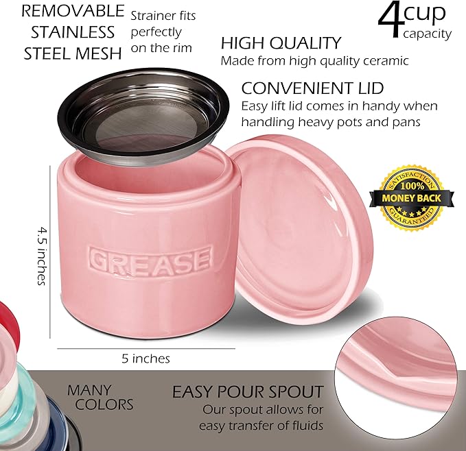 Bacon Grease Saver with Strainer - Ceramic Grease Container 1L Storage Canister | Holds Bacon Fat Drippings | Oil Keeper for Kitchen Counter Storage
