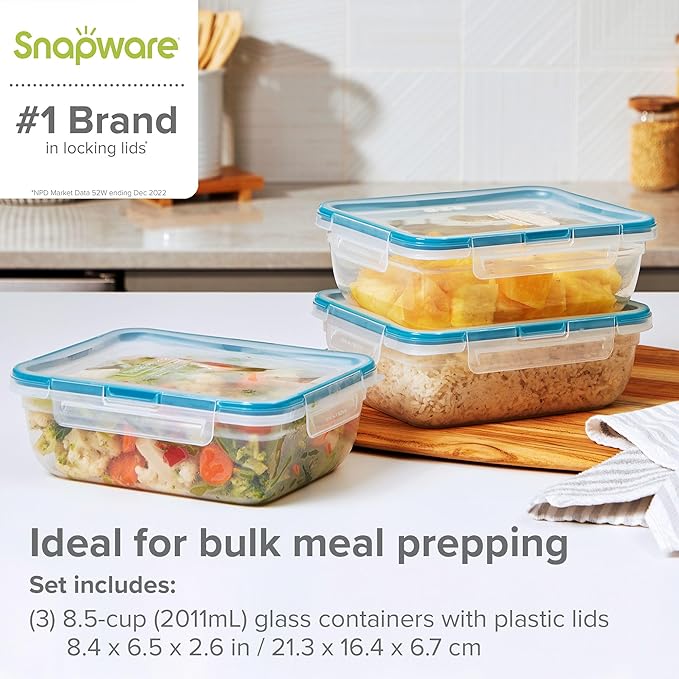 Snapware Food Storage Containers, Plastic, 8.5-Cup, Rectangular | Leakproof & Airtight | BPA-Free | Microwave & Dishwasher Safe | Pack of 6