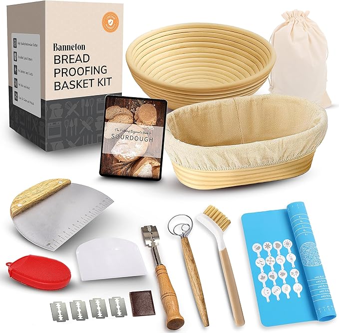 Banneton Bread Proofing Basket Set – Complete Sourdough Bread Baking Supplies – Sourdough Starter Kit – Sourdough Proofing Basket Gift for Bakers - Bread Baskets (9" Round & 10" Oval)