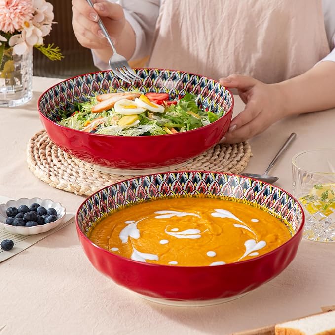 YUN TAO Large Serving Bowls,10 inch Porcelain Bowls, 75 Oz Capacity, Vibrant Red Hue - Microwave and Dishwasher Safe for Salad, Pasta, Entertaining and Party (Set of 2)