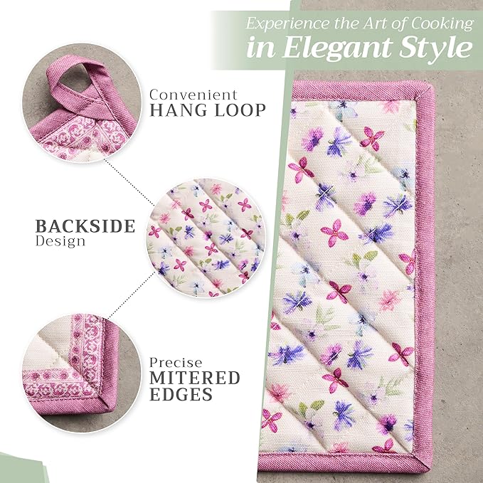 Maison d' Hermine Pot Holders Set 100% Cotton Heat Resistant Potholders 8" x 8" Hot Pads with Loop BBQ, Cooking, Baking, Grilling, Kitchen, Handling Hot Pans Spring/Summer (Pack of 2, Chardon)