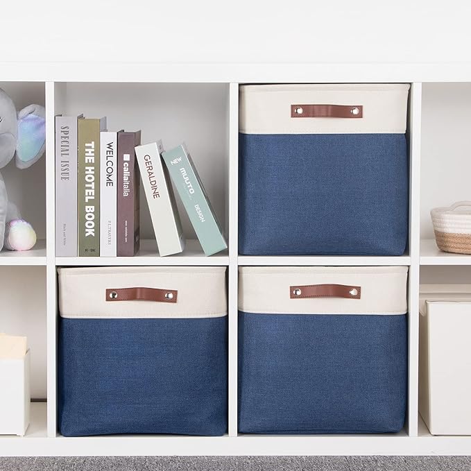HNZIGE Baskets Fabric Storage Cubes Bins Baskets(3 Pack) Storage Baskets Cube for Shelf, Large Collapsible Organizer Closet Baskets,13x13 Toy Baskets with Leather Handle(White&Blue)