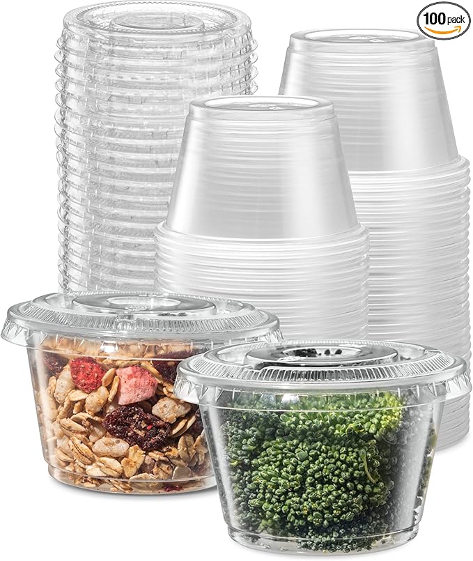 {4 oz - 100 Sets} Clear Diposable Plastic Portion Cups With Lids, Small Mini Containers For Portion Controll, Jello Shots, Meal Prep, Sauce Cups, Slime, Condiments, Medicine, Dressings, Crafts,