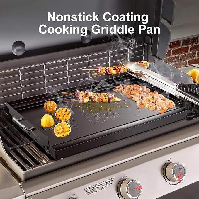 YORKING 25" x 16" Nonstick Coating Griddle Flat Top Grill Plate, Carbon Steel Griddle Plate with Grease Groove and Removable Handles for BBQ Charcoal/Gas Grills, Parties, Indoor/Outdoor Cooking