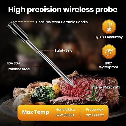 Smart Wireless Meat Thermometer | 4 Probes | Upgraded large LCD Display | Accurate & Stable | long-range Bluetooth App or Host Control for iOS & Android |BBQ,Oven,Grill,Smoker,Air Fryer,Sous Vide