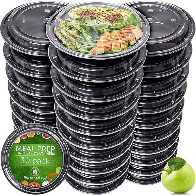 Prep Naturals Meal Prep Containers - Dishwasher-Safe Plastic Bowls with Lids - Freezer & Microwave-Safe Food Storage Containers with Lids - Portion-Control Meal Prep Bowls - 30 Pack, 24 Oz, Black