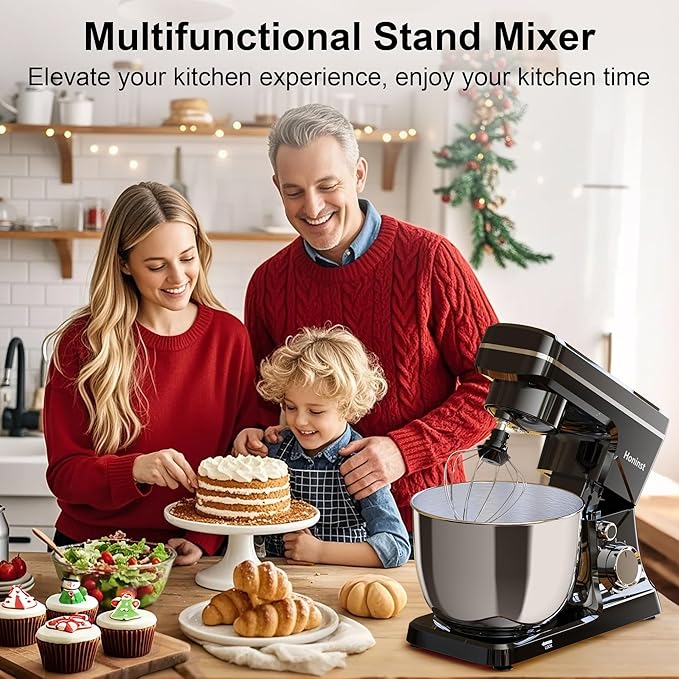 Stand Mixer, 10-Speed Kitchen Electric Mixer, 6QT Food Mixer with 8-in-1 Splash Guard, Dishwasher-Safe Dough Hook/Whisk/Beater/Spatula, Dough Mixers for Baking, Black