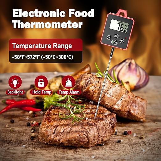 Digital Candy Thermometer with Pot Clip, Backlight LCD, 8" Long Probe, Temperature Alarm, ℃/℉ Switch, Instant Read Kitchen Thermometer for Cooking, Baking, and Candy Making
