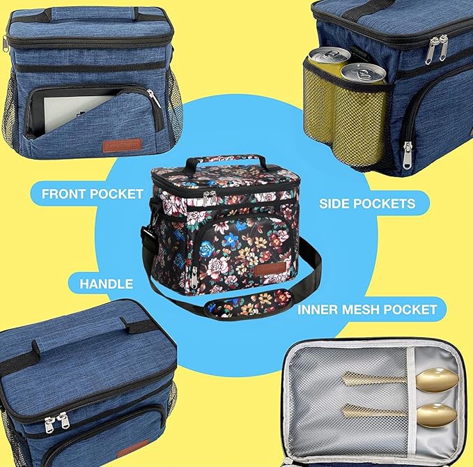 ExtraCharm Insulated Lunch Bag for Women/Men-Reusable Lunch Box for Office Picnic Hiking Beach-Leakproof Cooler Tote Bag Organizer with Adjustable Shoulder Strap for Adults-Floral Foliage