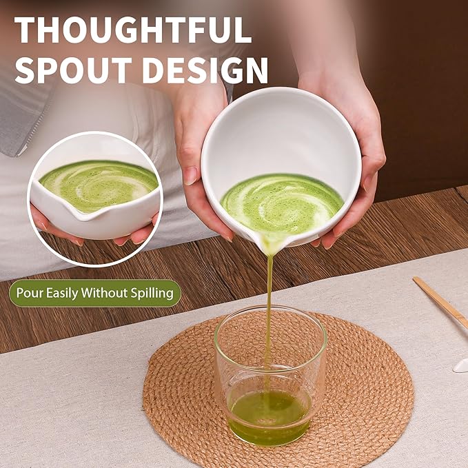 Matcha Whisk Set, 7 Pcs Matcha Kit with Matcha Bowl, Spout, Whisk and Holder, Bamboo Scoop and Stainless Steel Sifter, Japanese Matcha Set for Ceremony, Gift for Matcha Lover