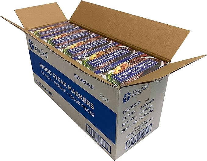 KingSeal 500 Count 3.5 Inch Natural Birch Wood Steak Markers, Heat Stamped, Medium, Eco-Friendly, Bulk Pack - 500 Per Box