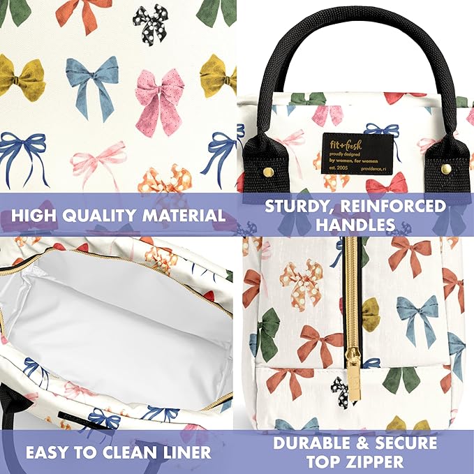 Fit & Fresh Bloomington Lunch Bag for Women - Insulated Large Lunch Box for Work with Containers, Leak-Resistant, Stain-Resistant, Zipper Closure, Fall Bows