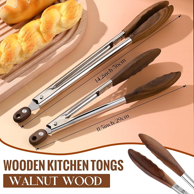 Baderke 2 Pcs Walnut Wooden Kitchen Tongs for Cooking Wooden Utensil Set Salad Tongs with Wood Tips for Serving Salad Flipping Burgers Grilling and Much More, Set of 2, 11.4 inch and 14.6 inch