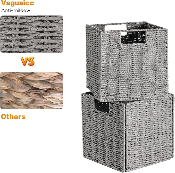 Vagusicc Storage Basket, Set of 2 Hand-Woven Paper Rope Wicker Baskets for Storage, Foldable Cube Storage Bins Organizer, 9 inch Medium Wicker Storage Baskets for Shelves Pantry Organizing Decor, Grey