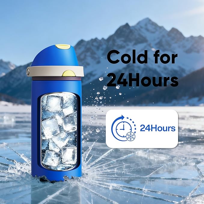 Insulated Water Bottle with Straw - Encool Stainless Steel Water Bottle with Push Button Lid, Leak-Proof & BPA-Free, Keeps Cold for 24 Hours for Sports, Travel, Gym (18 oz, Sapphire)