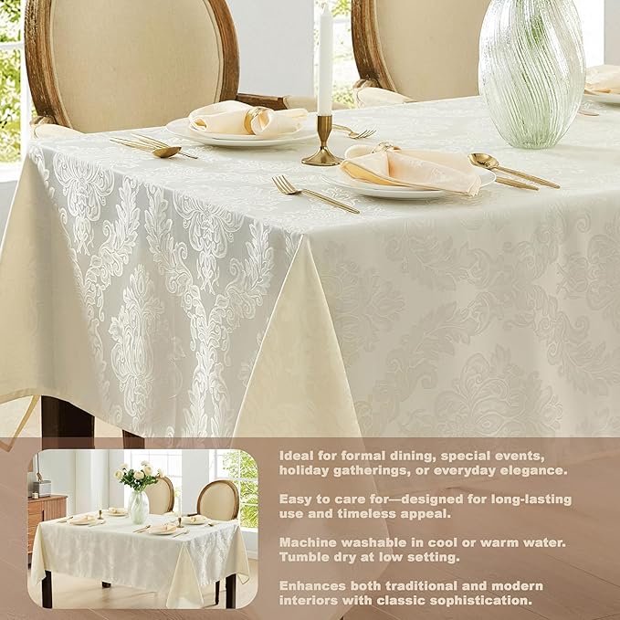 Newbridge Barcelona Luxury Damask Fabric Tablecloth, 60” Wide x 102” Rectangle, Antique White, 100% Polyester, No Iron, Soil Resistant Dining Room, Party and Banquet Table Cover