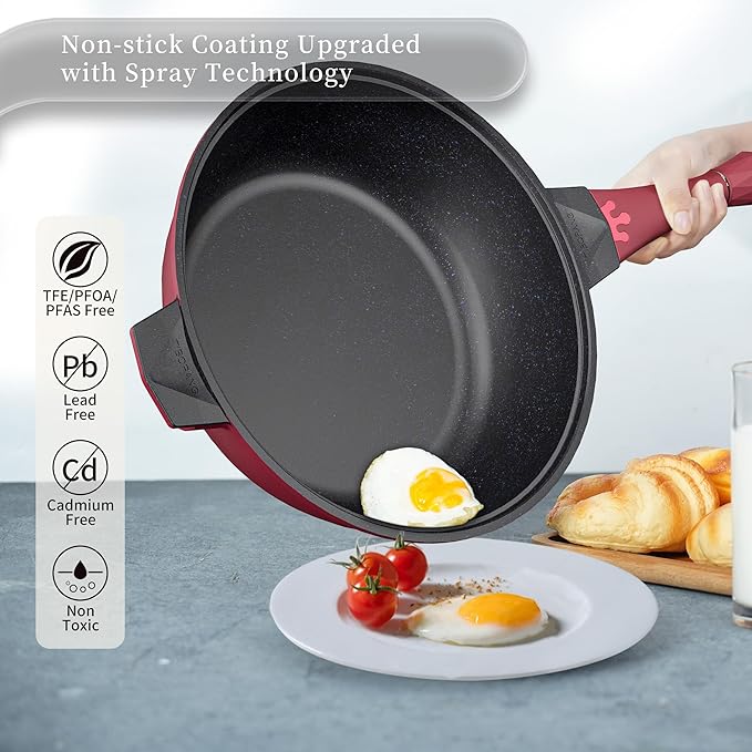 TIBORANG 8 in 1 Multipurpose 11 Inch 5 Quart Heat Indicator Nonstick Deep Frying Pan with Glass Lid,Stay-cool Handle,Steamed Grid,PFOA-Free,Dishwasher&Oven Safe,Works with All Stovetops(Ruby Red)