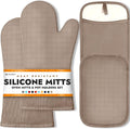 HOMWE Silicone Oven Mitts and Pot Holders, 4-Piece Set, Heavy Duty Cooking Gloves, Kitchen Counter Safe Trivet Mats, Advanced Heat Resistance (Beige, Oven Mitt & Pot Holder)