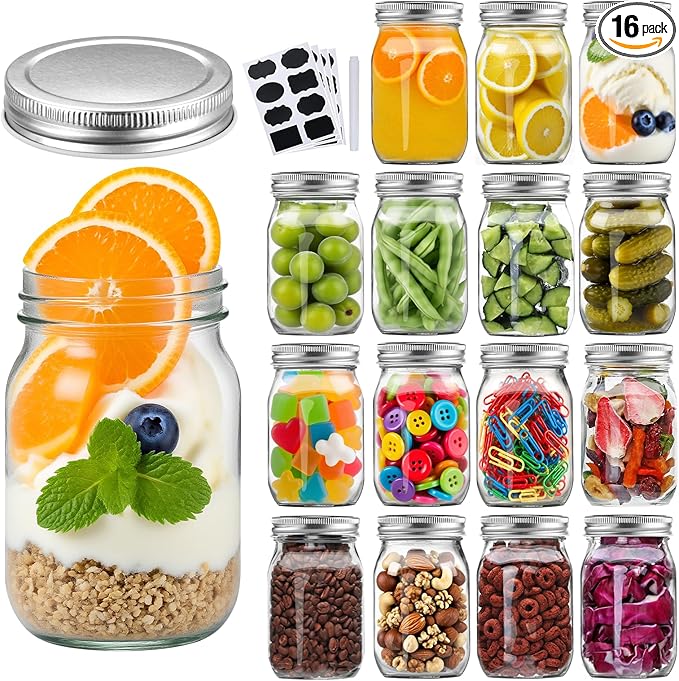 Accguan 16Pack 16oz Glass Mason Jars with Regular Airtight Lids, Clear Glass Jars Ideal for Canning, Pickling, Meal Prep, Jam, Honey, DIY Shower/Wedding Favors, Labels & Pen Included,Pint Canning Jars