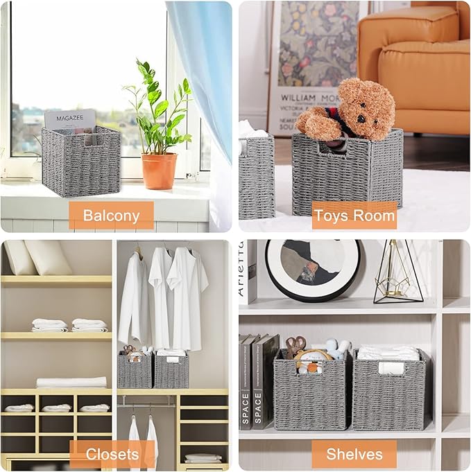 Vagusicc Storage Basket, Set of 2 Hand-Woven Paper Rope Wicker Baskets for Storage, Foldable Cube Storage Bins Organizer, 9 inch Medium Wicker Storage Baskets for Shelves Pantry Organizing Decor, Grey