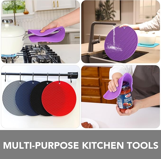 Joyhalo Trivets for Hot Dishes - Hot Pads for Kitchen, Silicone Pot Holders for Hot Pots and Pans, Silicone Mats for Kitchen Countertops, Table, Flexible Easy to Wash and Dry, Purple