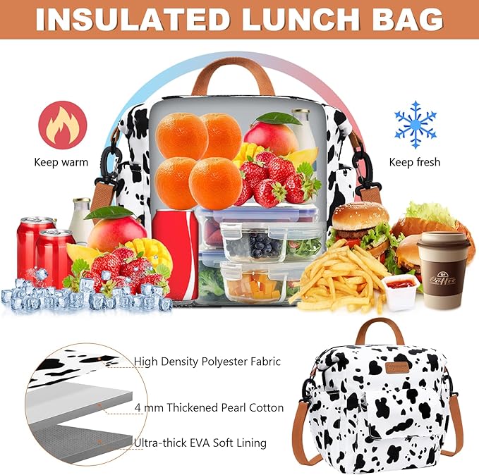 Joymee Lunch Bag Women Insulated Lunch Box Reusable Leakproof Large Spacious Cooler Tote for Women Men Adult with Bottle Holder and Side Pockets for Work Office Travel Picnic -08 Cow