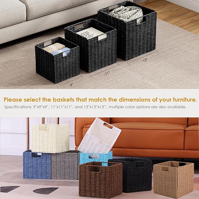 Vagusicc Wicker Storage Basket, Set of 2 Hand-Woven Storage Baskets for Shelves, Foldable Cube Storage Baskets Bins with Handles, 9 inch Small Wicker Baskets for Organizing Pantry Bedroom, Brown