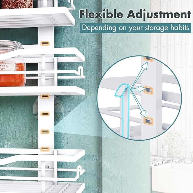 Over The Door Pantry Organizer，6-Tier Over The Door Organizer with Adjustable Basket，Metal Hanging Pantry Organizers and Storage for Kitchen, Back of Door Seasoning Rack (White)