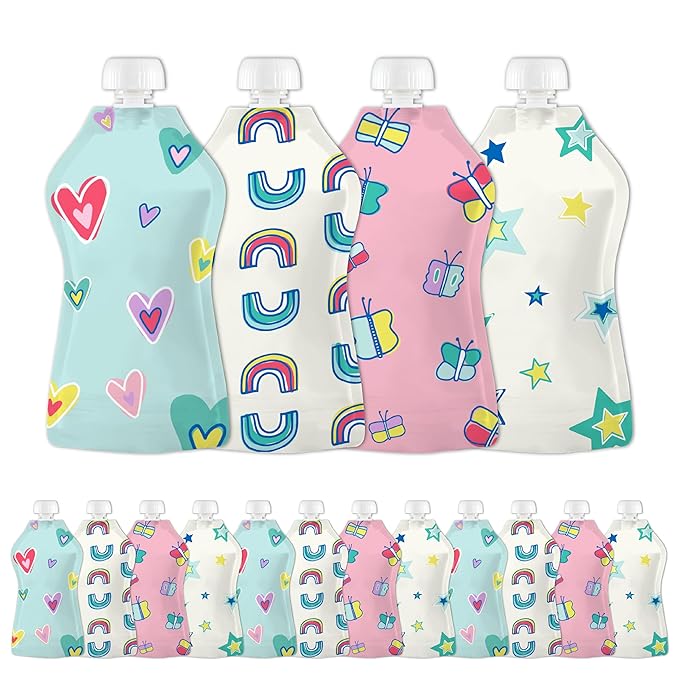 Squooshi Reusable Baby Food Pouches for Toddlers | BPA Free Plastic, Food Safe, Freezer Safe | Refillable for Applesauce Yogurt & Puree Squeeze Pouch | 12 Pack | 5 oz | Assorted Designs