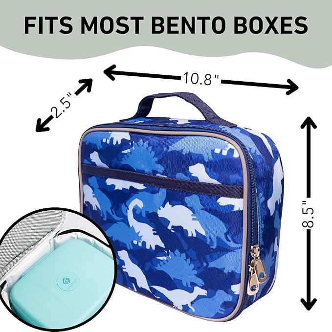 Fenrici Dinosaur Lunch Box for Boys, Kids, Kids' Lunch Box for School, Insulated Lunch Bag for Preschool, K-6, Soft Sided Compartments, Spacious, BPA Free, 10.8in x 8.5in x 2.8in, Dino, Blue