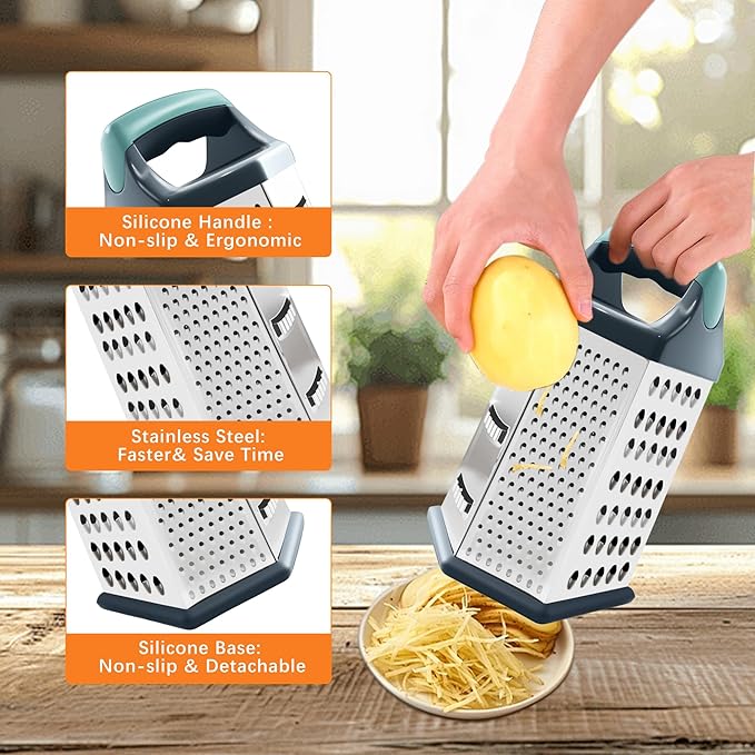 Cheese Grater, Box Graters for Kitchen, 6 Sides Stainless Steel Food Shredders for Cheese Vegetables Potatoes Carrot