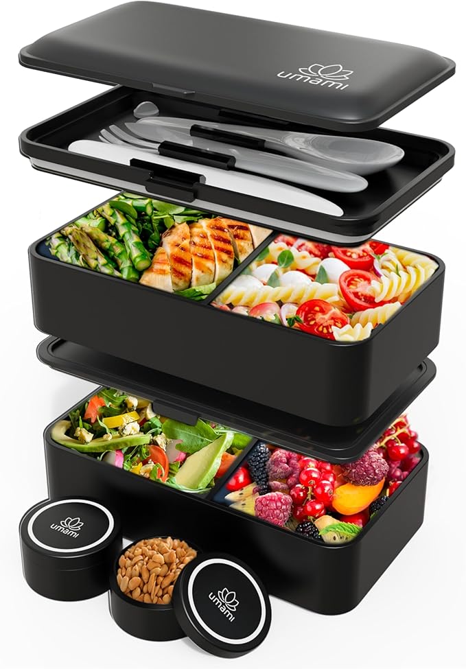 Umami Bento Box Adult All-In-1 w/4 Utensils, 2 Sauce Jar, 2 Dividers, 100% Leakproof, Microwave & Dishwasher Safe, Stackable Bento Lunch Box Containers for Men/Women, Matte Black, 40 oz