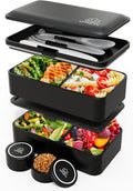 Umami Bento Box Adult All-In-1 w/4 Utensils, 2 Sauce Jar, 2 Dividers, 100% Leakproof, Microwave & Dishwasher Safe, Stackable Bento Lunch Box Containers for Men/Women, Matte Black, 40 oz