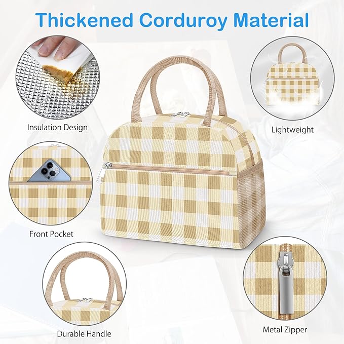 DALINDA Corduroy Lunch Bag Lunch Box for Women Men,Cute Insulated Lunch Bags,Water-Resistant Cute Cooler Lunch Tote Bag, Large Capacity for Work Travel Picnic