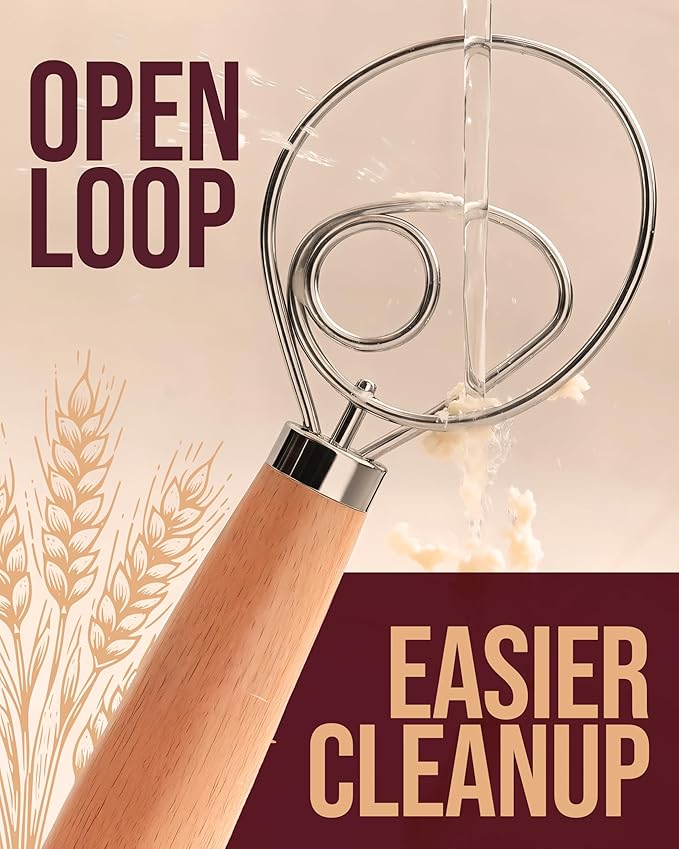 Superbaking Danish Dough Whisk - 12" Bread Whisk for Dough Mixing - Single Eye Design Sourdough Whisk - Sourdough Bread Baking Supplies - Bread Making Tools and Accessories - Ergonomic Wooden Handle