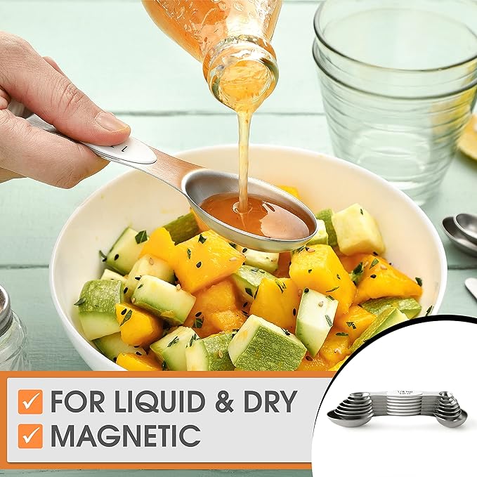 Spring Chef White Stainless Steel Magnetic Measuring Spoons Set of 8 with Leveler, Dual Sided Metal Teaspoon & Tablespoon Measuring Spoons, Fits in Spice Jars, Kitchen Gadgets for Baking & Cooking