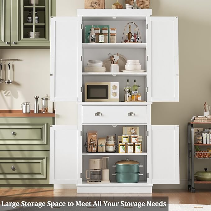 FOTOSOK 72 Kitchen Pantry Storage Cabinets with Drawer, Freestanding Cupboard with 4 Doors, Drawer, 4 Shelves, Utility Pantry Cabinet for Kitchen, Dining Room, Living Room, White HPB-209